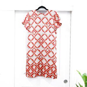 La DoubleJ Large Silk Mini 100% Silk Swing Dress in Red Abstract Geometric Print